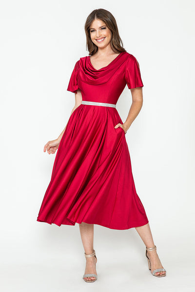 Lenovia 5296 Short Sleeve Satin Cowl Neck Tea Length Dress