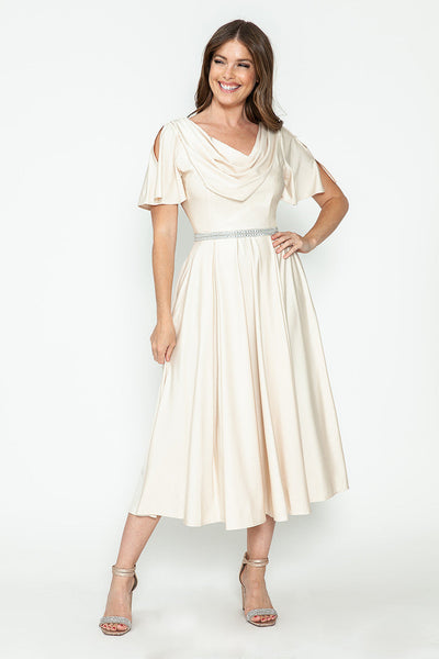 Lenovia 5296 Short Sleeve Satin Cowl Neck Tea Length Dress