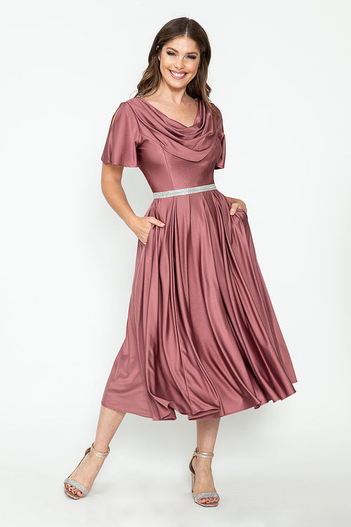 Lenovia 5296 Short Sleeve Satin Cowl Neck Tea Length Dress
