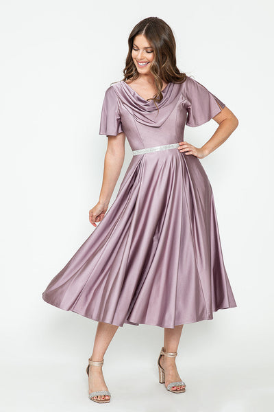 Lenovia 5296 Short Sleeve Satin Cowl Neck Tea Length Dress