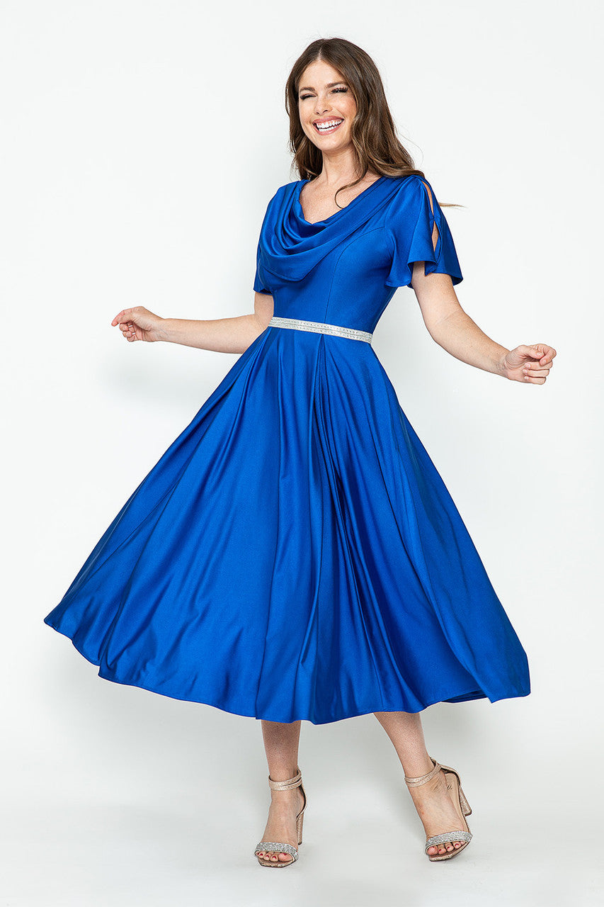 Lenovia 5296 Short Sleeve Satin Cowl Neck Tea Length Dress