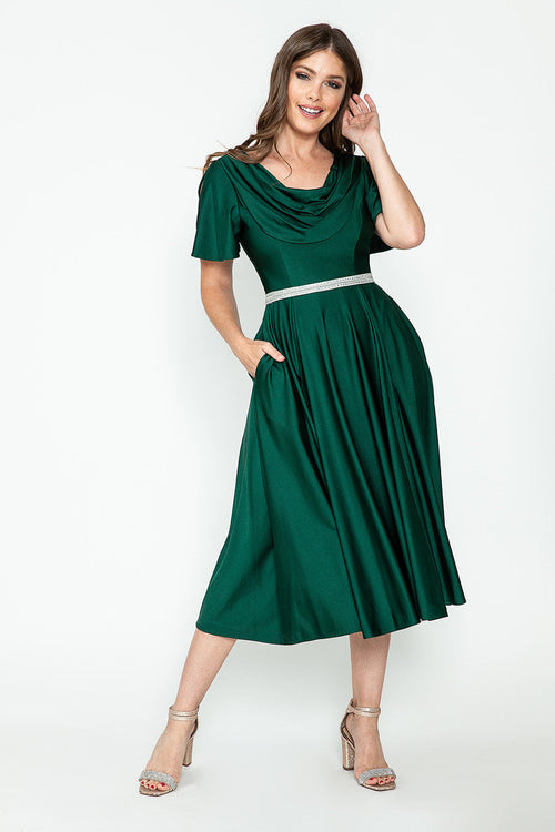 Lenovia 5296 Short Sleeve Satin Cowl Neck Tea Length Dress