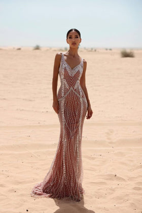Chic and Holland EW990018 V-Neck Beaded Evening Gown