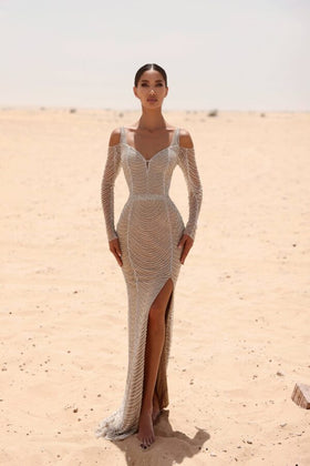 Chic and Holland HF110061 Sweetheart Long Sleeve Beaded Prom Gown with Slit