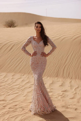 Chic and Holland HF110039 V-Neck Long Sleeve Beaded Evening Gown