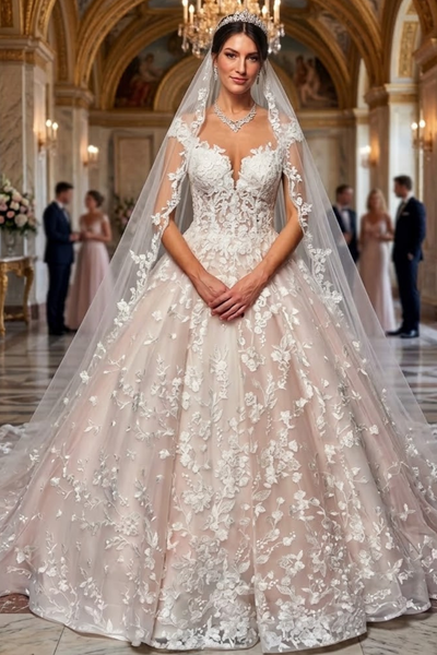 A-Line Wedding Dress with Cap Sleeves & Illusion Boat Neckline