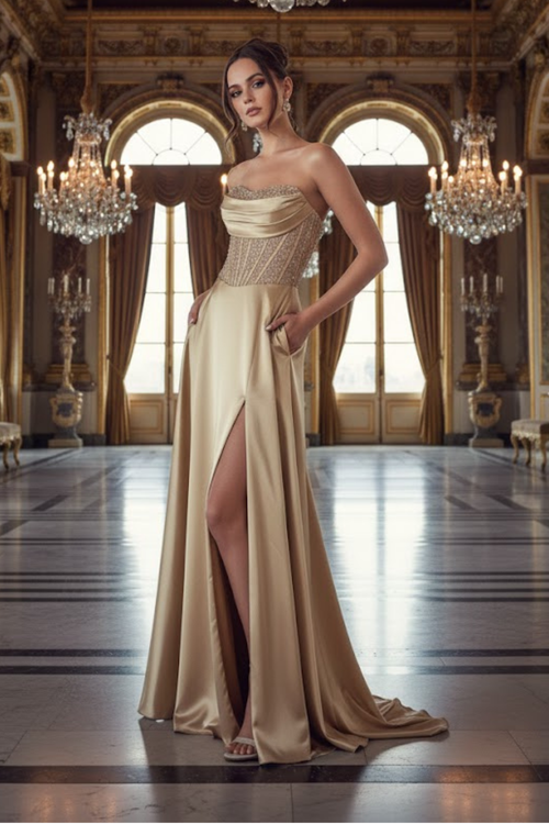 Adora Design 3254 Strapless Corset Pleated A-Line Formal Gown