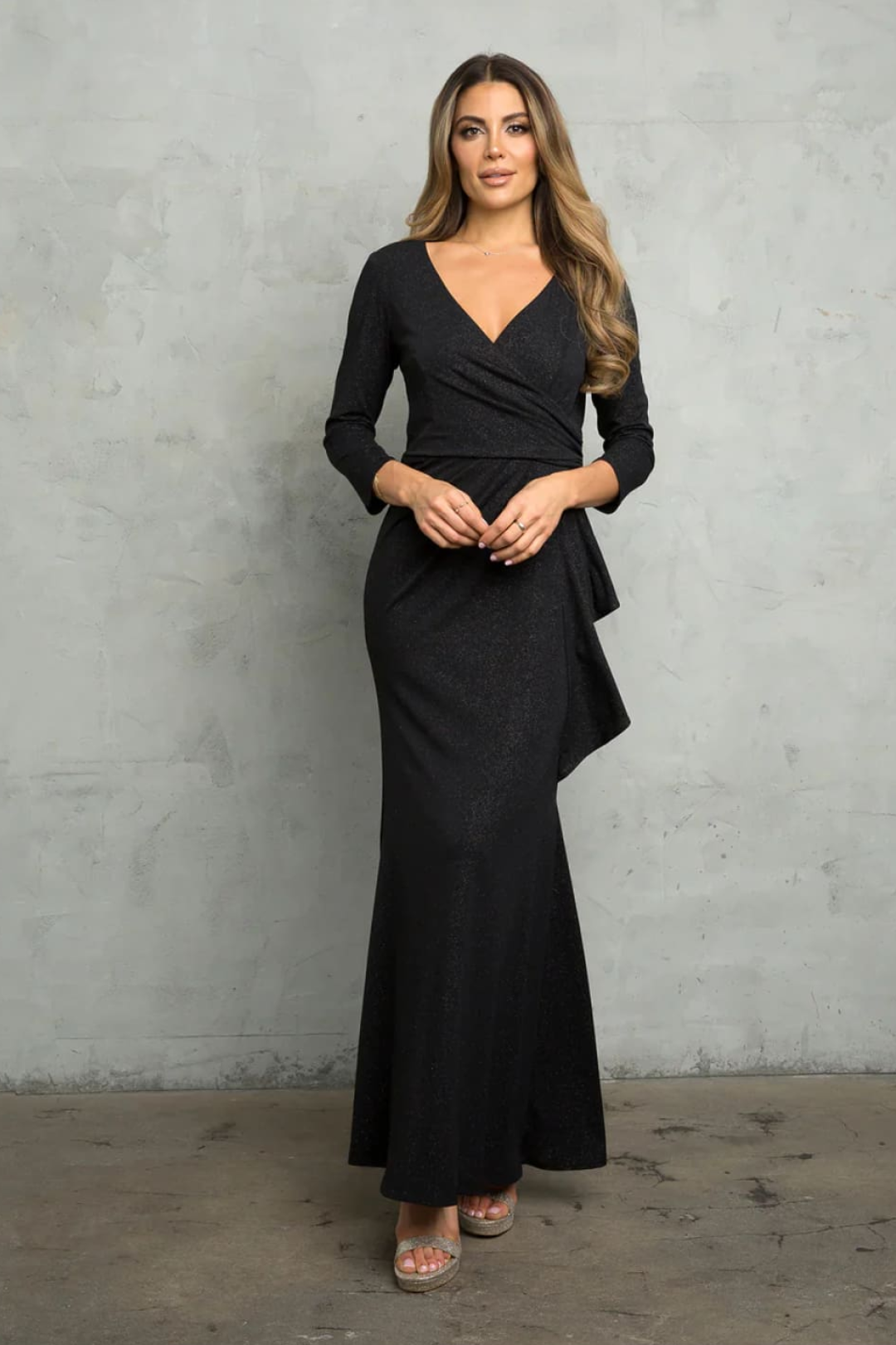 Black Funeral Dress for Women V-neck 3/4 Sleeve Ankle Length Gown