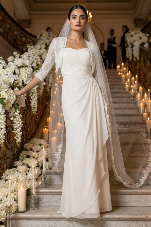 Eva USA 3094 Square Neck Pleated Long Bridal Gown