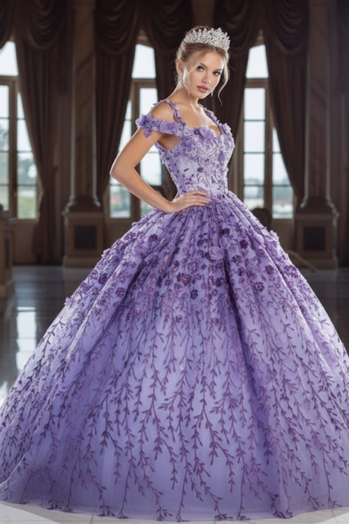 Cold Shoulder 3D Floral Applique Quince Ball Gown