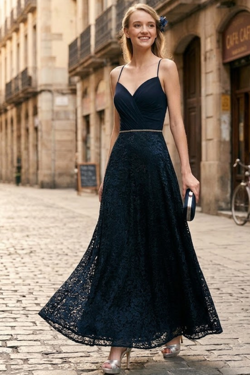 Long Pleated Lace Dress by Elizabeth KGL2667