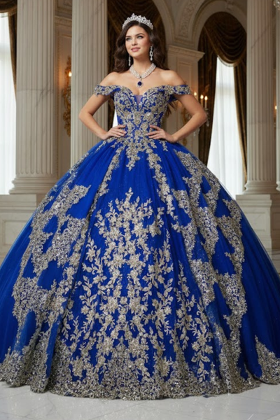 Applique Off Shoulder Quinceanera Dress Corset Ball Gown with Train by Bella Princess PQ1055