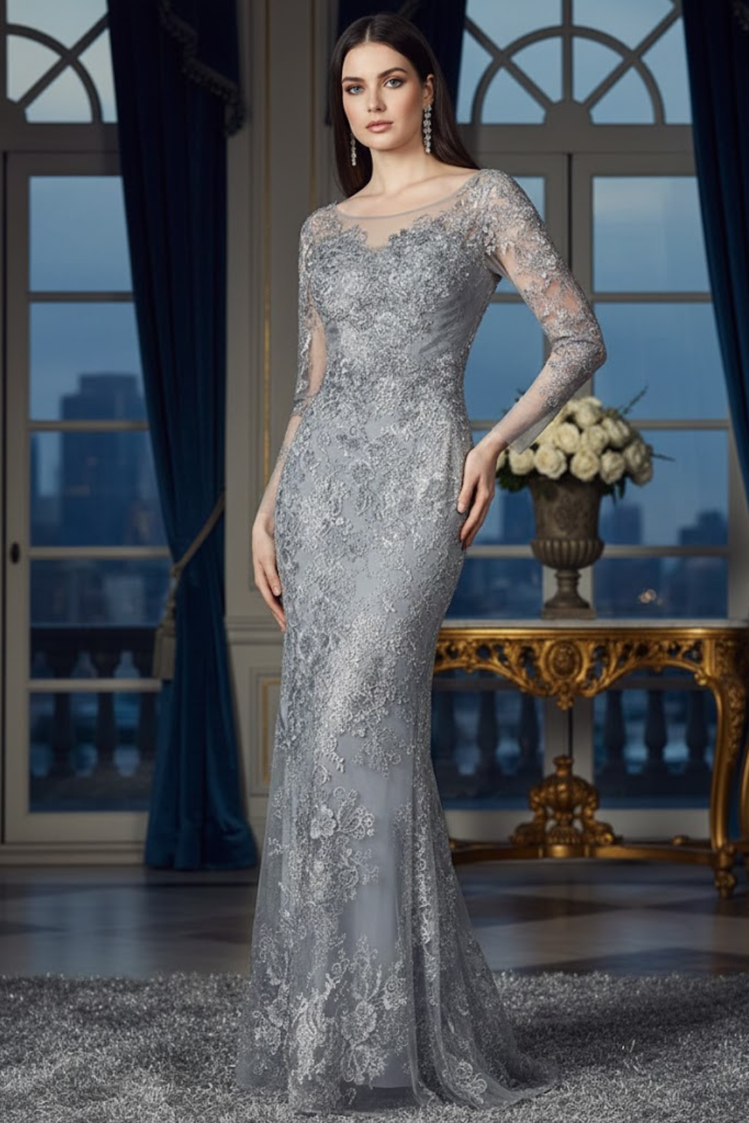 High Neck Long Sleeve Fitted Lace Gown