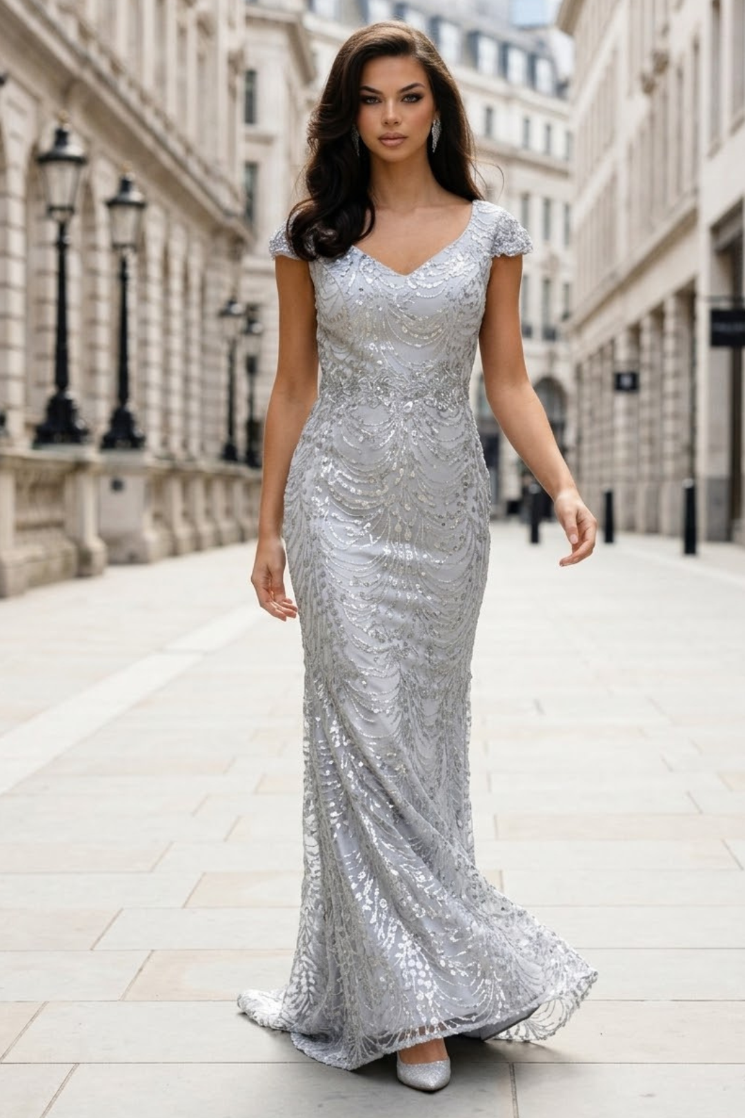 Floral Appliqued Long Mesh Formal Gown-New Collection