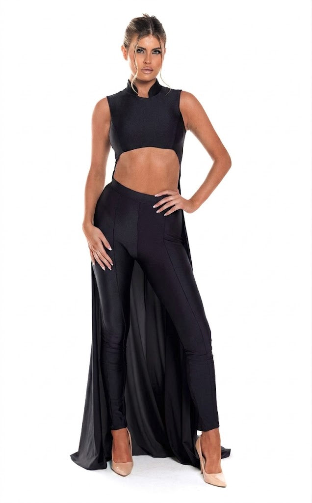 Sleeveless High Neck Cut-Out Jumpsuit with Chiffon Train Fitted Evening Outfit by Jessica Angel 863