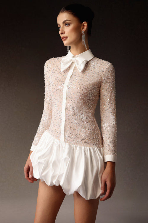 Bella Barnett Theodora Long Sleeveless Embroidery Lace Sequin Puff Cocktail Party Mini Dress