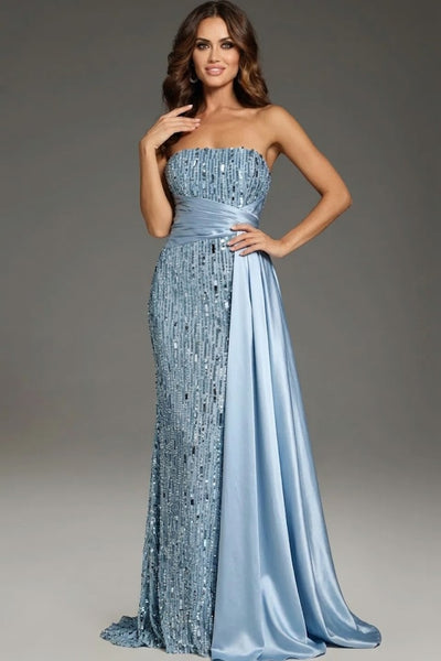 Strapless Sequin Evening Gown with Satin Waist Wrap & Open Back Formal Prom Dress by Jovani 42427