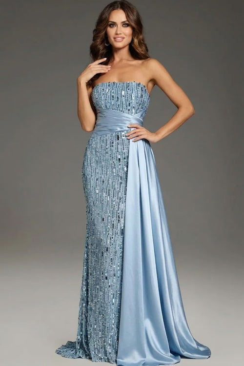 Strapless Sequin Evening Gown with Satin Waist Wrap & Open Back Formal Prom Dress by Jovani 42427