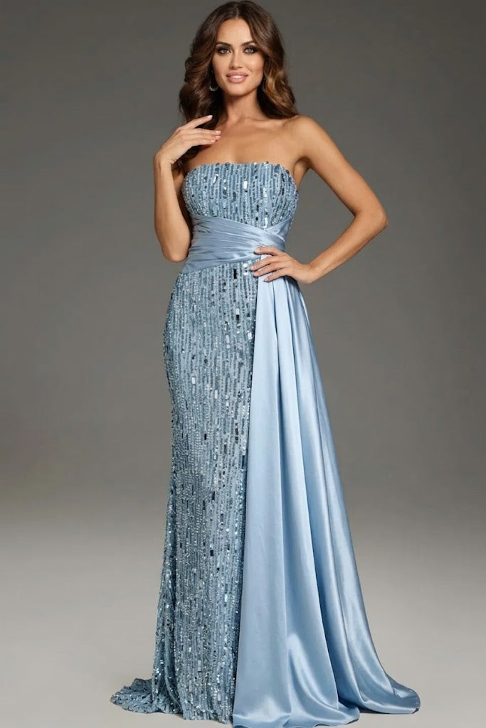 Strapless Sequin Evening Gown with Satin Waist Wrap & Open Back Formal Prom Dress by Jovani 42427