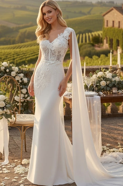 Elegant One-Shoulder Lace Wedding Dress with Chiffon Cape – Floral Appliqué Mermaid Bridal Gown by Amelia Couture 388