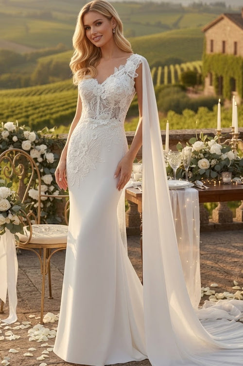 Elegant One-Shoulder Lace Wedding Dress with Chiffon Cape – Floral Appliqué Mermaid Bridal Gown by Amelia Couture 388