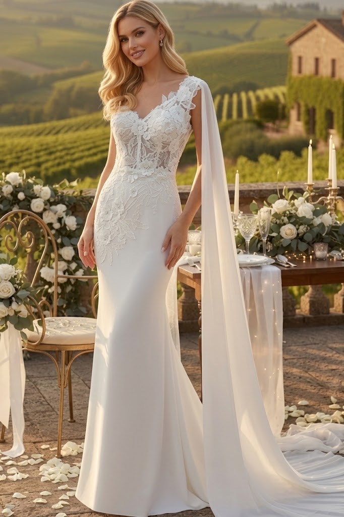 Elegant One-Shoulder Lace Wedding Dress with Chiffon Cape – Floral Appliqué Mermaid Bridal Gown by Amelia Couture 388