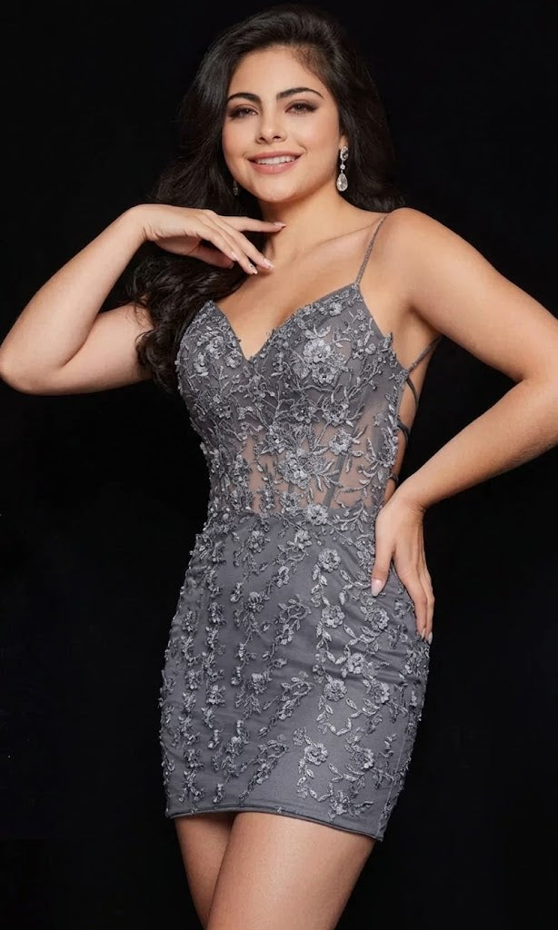 Floral Lace-Up Sheath Dress by Jovani