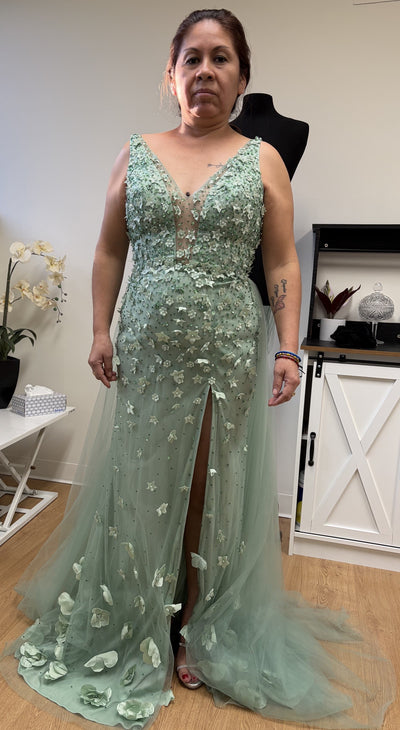 Royal Queen RQ8031 V-Neck Beaded Pearl High Slit Red Carpet Gown