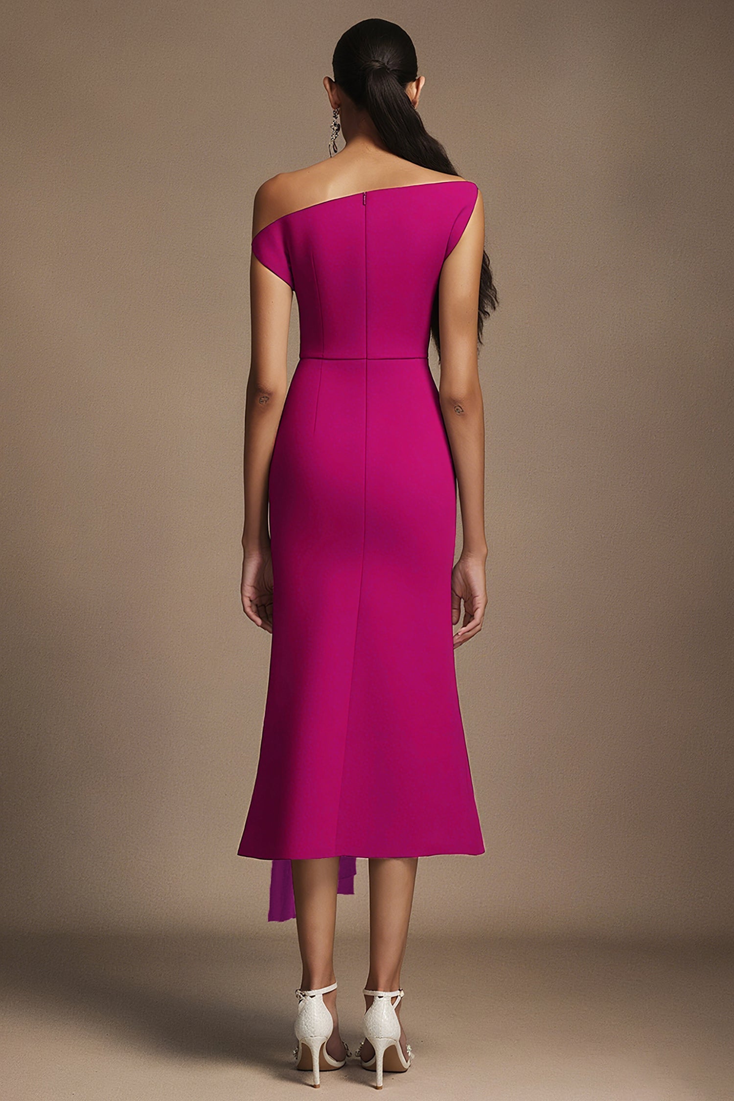 Bella Barnett Paulina Oblique Shoulder Sleeveless Folds Cocktail Party Midi Dress