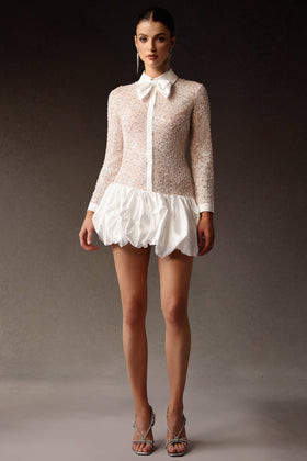 Bella Barnett Theodora Long Sleeveless Embroidery Lace Sequin Puff Cocktail Party Mini Dress