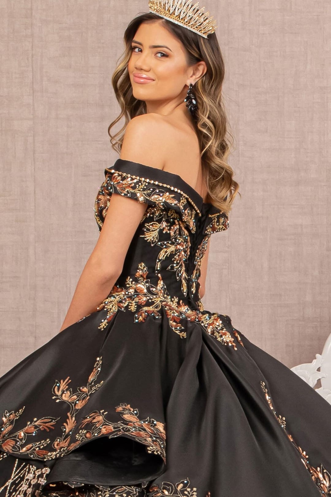 black and gold 2 piece prom dress Dramatic Gold Black Shimmery Gold Applique Choker Prom Dress