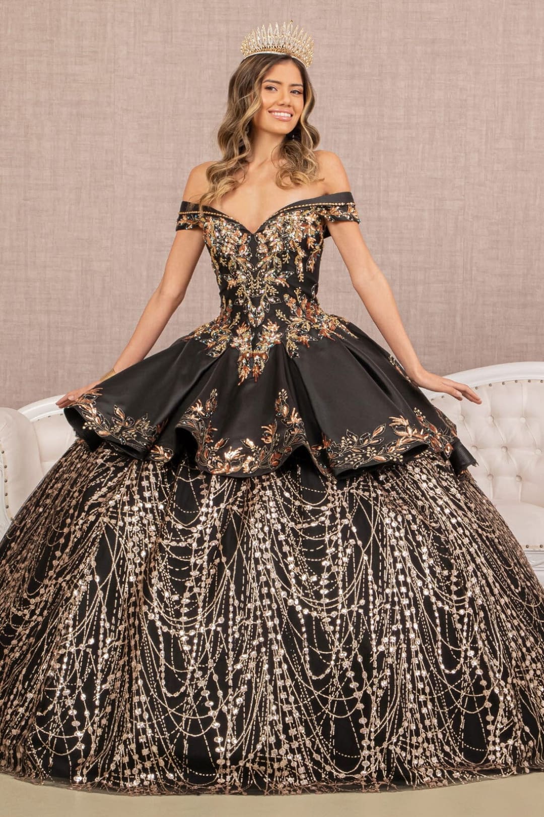 quinceanera dresses gold Elizabeth K GL3098 Dress Color:N228 Women's Gauze Long Sleeve royal train fo_instock