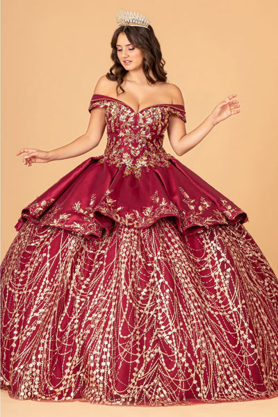 2 Piece Off Shoulder Satin Ball Gown by Elizabeth K GL3098 - XS / Burgundy/Gold - Quinceanera Dresses