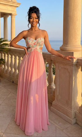 La Femme 20059 Floor-Length Sweetheart Floral Chiffon Prom Dress with Open Back and Cutouts