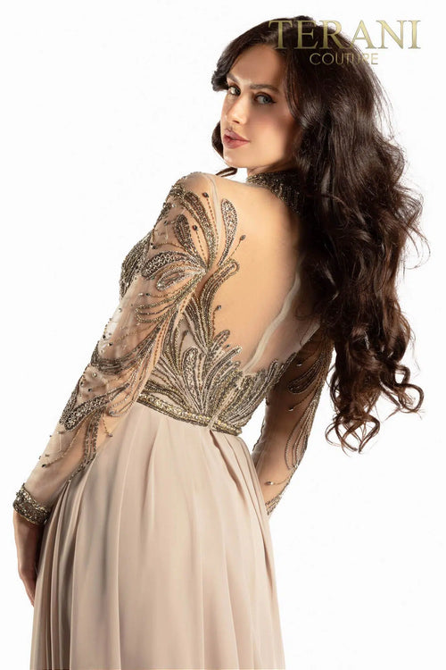 Terani Couture 2011M2126 Mother of the Bride Pleated Long Sleeve Formal Chiffon Dress