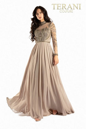 Terani Couture 2011M2126 Mother of the Bride Pleated Long Sleeve Formal Chiffon Dress