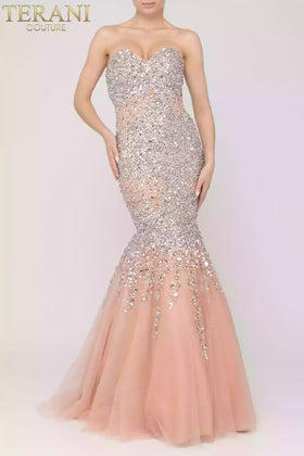Terani Couture 2011P1456 Prom Strapless Mermaid Long Blush Evening Beaded Tulle Dress