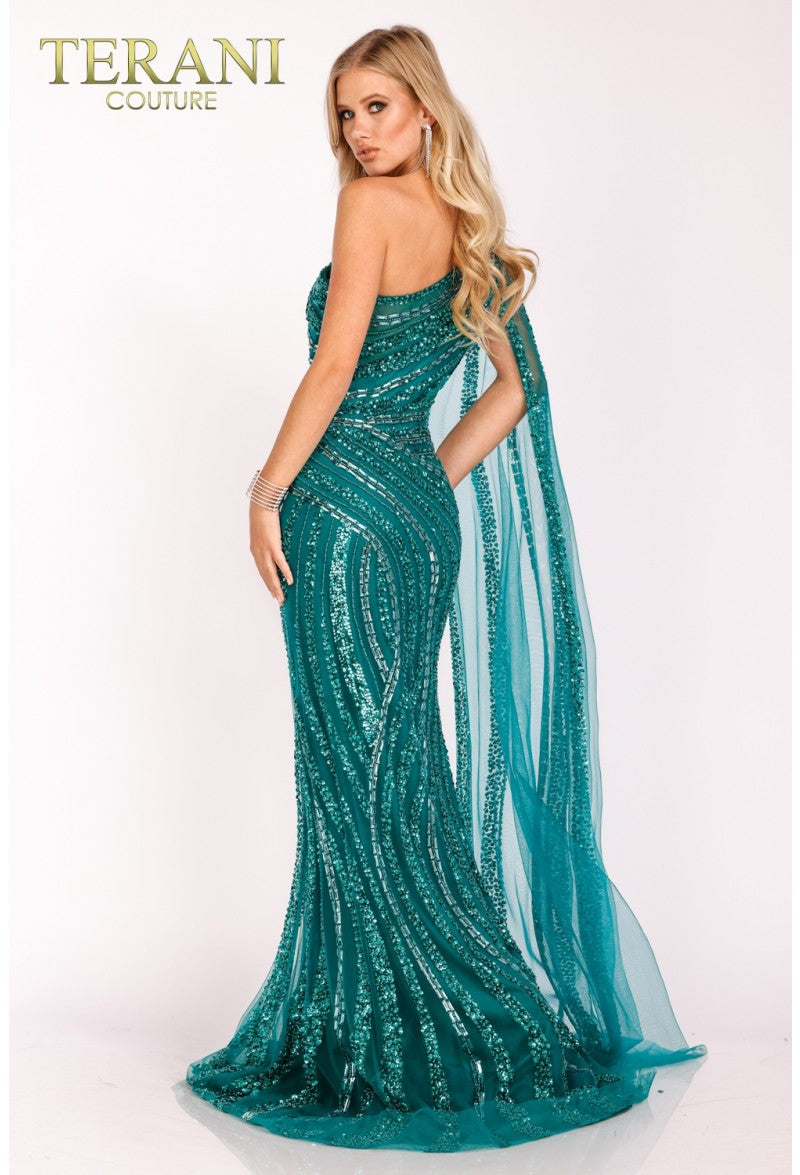 Asymmetrical Beaded One Shouldered Cape Pageant Gown - Terani Couture 2012gl2390