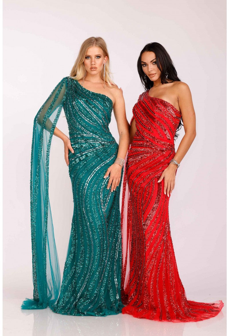 Asymmetrical Beaded One Shouldered Cape Pageant Gown - Terani Couture 2012gl2390