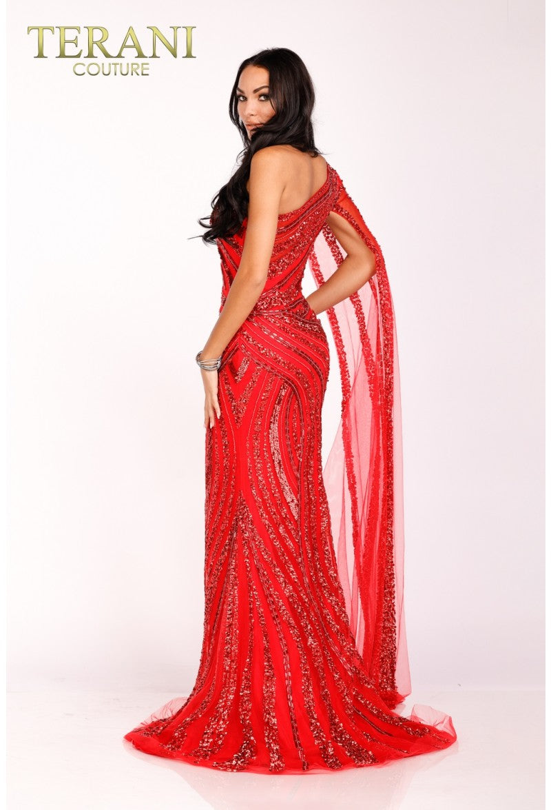 Asymmetrical Beaded One Shouldered Cape Pageant Gown - Terani Couture 2012gl2390