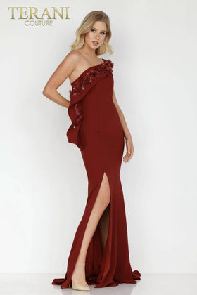 Terani Couture 2021E2824 One-Shoulder Sheath Slit Cap Sleeve Long Evening Crepe Dress