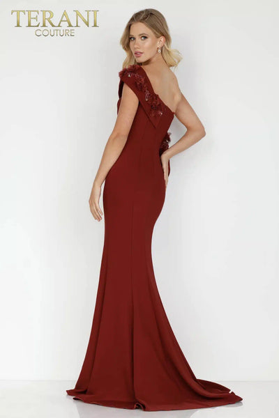 Terani Couture 2021E2824 One-Shoulder Sheath Slit Cap Sleeve Long Evening Crepe Dress