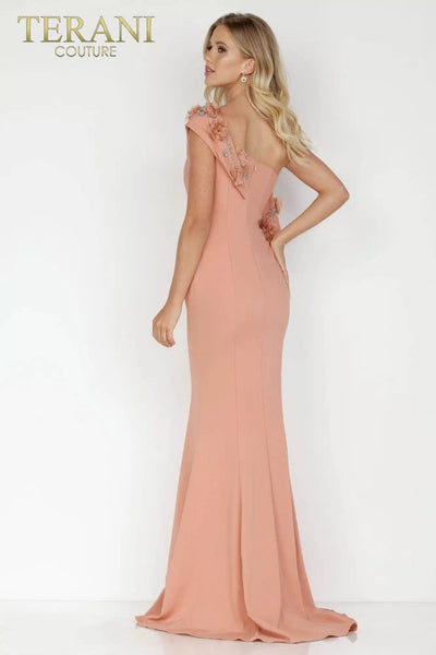 Terani Couture 2021E2824 One-Shoulder Sheath Slit Cap Sleeve Long Evening Crepe Dress