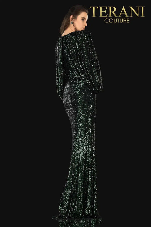 Terani Couture 2021M2962 Sophisticated Elegant Cape Sequined Long Formal Sequin Dress