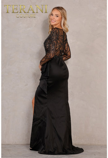 Full Length Black Evening Dress With A Sheer Embellished Bodice - Terani Couture 2021e2878