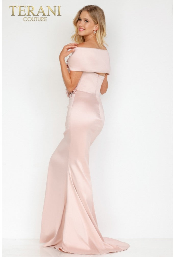 Clearance Terani Couture 2021M2969 Rose Size 10 Off Shoulder Mermaid Evening Gown with Floral Embellishment