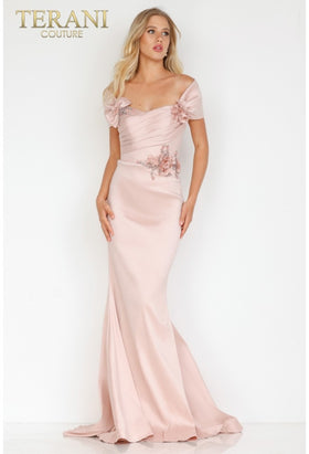 Clearance Terani Couture 2021M2969 Rose Size 10 Off Shoulder Mermaid Evening Gown with Floral Embellishment