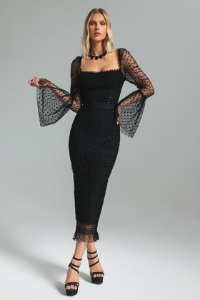 Bella Barnett Crana Black Mesh Cocktail Party Midi Dress