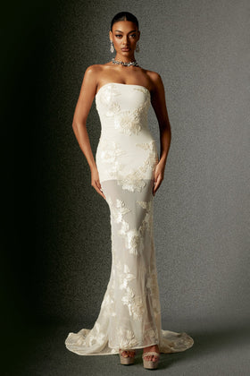 Bella Barnett Deliyn Strapless Embroidery Flower Mesh Formal Prom Evening Gown