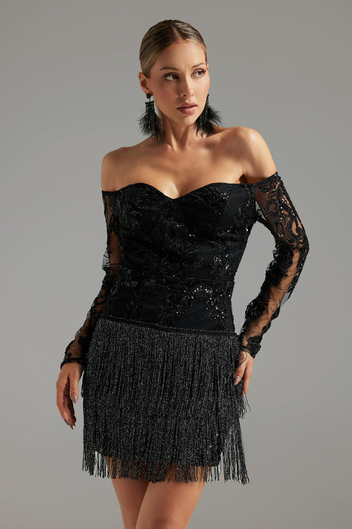 Bella Barnett Ludia Lace Sequins Off Shoulder Fringe Cocktail Party Mini Dress